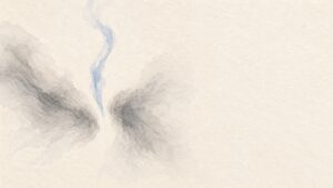 和紙ににじむ二つの薄墨の流れと、そのあいだから立ちのぼる淡い藍の一筋
